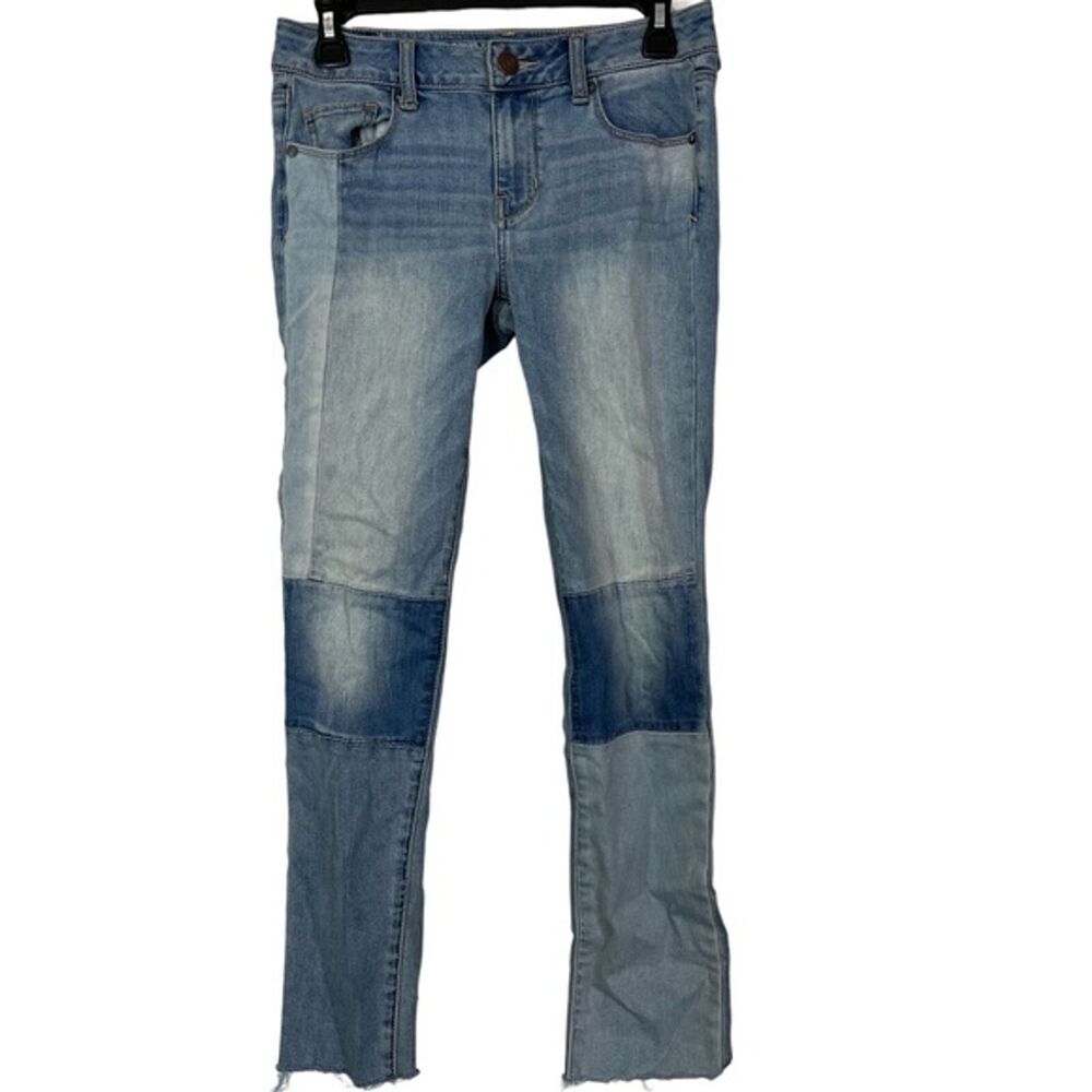 AMERICAN EAGLE SKINNY Distressed Patchwork Mid Rise Stretch Raw Hem Jeans sz 2